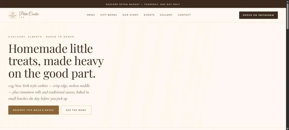 Screenshot of the Petite Cookie home page
