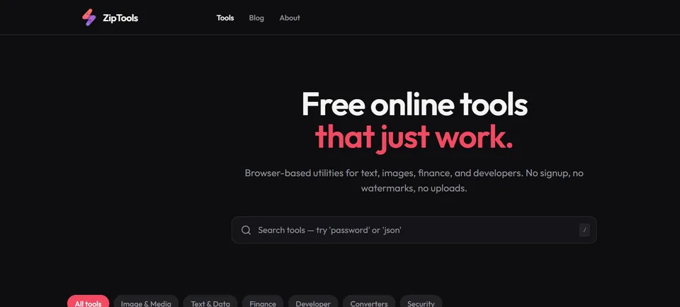 Screenshot of the ZipTools home page